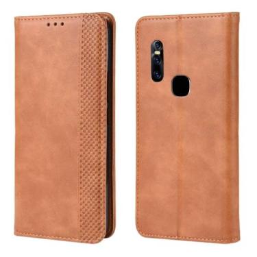 Imagem de Capa para VIVO V15,Retro Flip magnético,Caso de telefone de couro PU,Design de carteira com 3 slots de cartão e 1 clipe de dinheiro -Brown