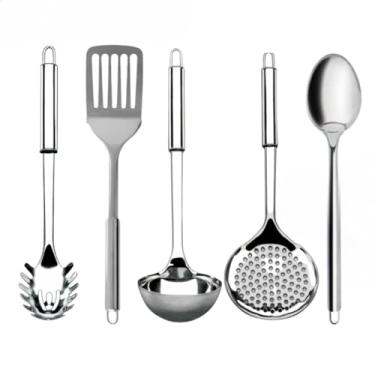 Imagem de Kit Utensílios de Cozinha em Aço Inox Escumadeira Concha Colher Arroz Pegador Massa Garfo Trin (5)