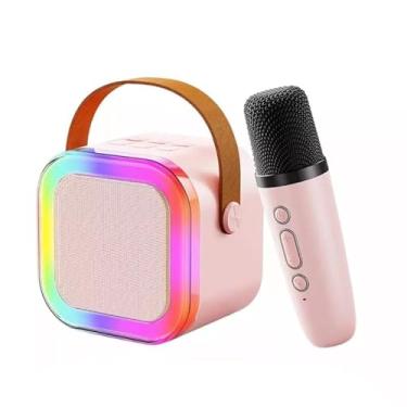 Imagem de Caixinha de Som Karaokê Bluetooth Portátil com 1 Microfone Sem Fio, Luzes LED, USB, Bateria Recarregável (Rosa)