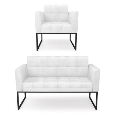 Imagem de Kit 1 Sofá Namoradeira e 1 Poltrona Elisa Corano Branco Base Metálica Industrial Preto D03 - D'Rossi