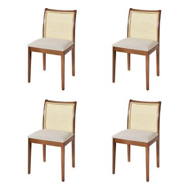 Imagem de Jogo 4 Cadeiras De Jantar Juliana Jequitibá Terra Em Madeira Maciça Encosto Palha Linho Bege