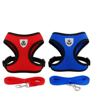 Imagem de Coleira de Malha Flexível com Colete Peitoral Ajustável para Cão Cachorro Gato Animais (1 unid Vermelha + 1 unid Azul,G)
