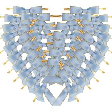 Imagem de Micomon 50 peças de laços de fita de cetim azul claro com borda dourada metálica de 6 cm para decoração de embalagem de chá de bebê para embalagem de presente de dia de Natal (6,3 cm - azul claro)