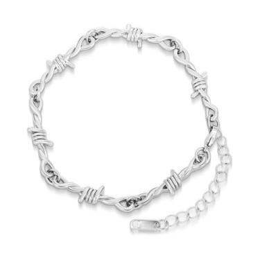 Imagem de LuxGoth Pulseira de corrente de aço inoxidável com espinhos de arame farpado, gótico, punk rock, motociclista, vintage, viking, ajustável, joia para homens e mulheres, prata GTS-B1B45073