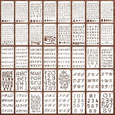 Imagem de PEOVLVN 40 peças de estênceis de letras para pintura, 10 x 17 cm, estêncil de alfabeto para artesanato, reutilizável, plástico, personalizado, com números e símbolos, para agenda, diário, scrapbook