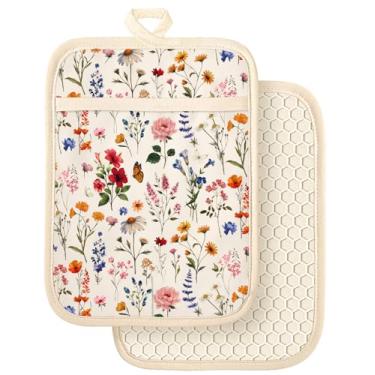 Imagem de Slohif Conjunto de 2 suportes de panela 100% algodão – Flores vintage resistentes ao calor, almofadas quentes para cozinha, cozinha, cozinha, cozinha, micro-ondas, churrasco