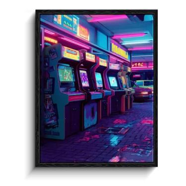 Imagem de Arte de parede retrô Arcade, máquinas de arcade neon, decoração de parede cyberpunk, impressão em tela emoldurada com acabamento fosco, arte de pôster de jogos, para presente de sala de jogos, 30 x 38