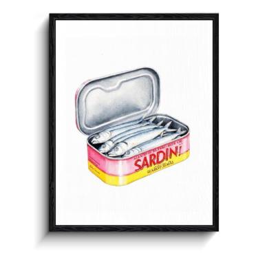 Imagem de Arte de parede de lata de sardinha, aquarela de lata aberta, decoração de parede de cozinha vintage, impressão em tela emoldurada pronta para pendurar, arte de pôster de cozinha, presente para amantes