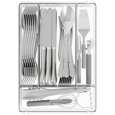 Imagem de Yieach Organizador de talheres pequeno transparente de 23 cm de largura para gavetas de cozinha, bandejas de prata sem BPA e divisórias e suporte de talheres de plástico, organizador de gaveta de