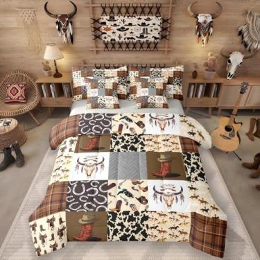 Imagem de Erosebridal Conjunto de edredom country king-size com lençóis, botas de caubói, rústico, 7 peças, decoração de cavalo, cama de caubói em uma bolsa, conjunto de cama de caubói e caveira, marrom