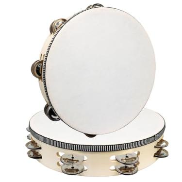Imagem de Moicstiy Pandeiro redondo de madeira de 25 cm, pandeiro de fileira dupla com jingles de metal, instrumento musical de percussão portátil para KTV, festa, brinquedo educativo da igreja (2 peças)