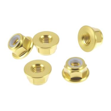 Imagem de Motoforti 5 peças M5*0,8 porcas de flange de carro, cobre, anel de borracha de plástico, porcas de flange de bloqueio hexagonais planas, flange de bloqueio antiderrapante, anel de borracha dourado 6,5