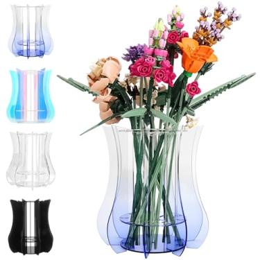 Imagem de Vaso de acrílico para flores Lego – suporte resistente para montar buquê de flores Lego, coleção botânica, rosas e orquídeas | Design de arranjo de 32 hastes (azul)