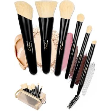 Imagem de IN THE CLOUDS Conjunto de pincéis de maquiagem para viagem com capa: mini base profissional, pó, contorno de blush, sombra, delineador, pincéis de sobrancelha de alça curta para miopes ou meias de