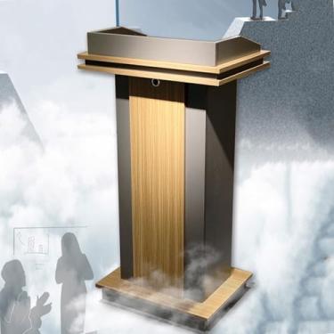 Imagem de Yadlan Suporte de pódio de madeira, suporte de pódio com plataforma de armazenamento, mesa de pódio de madeira maciça para sala de aula, suporte de púlpito de igreja de madeira clássica para escolas