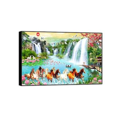 Imagem de BMZFYBS Chinoiserie Arte de parede paisagem imagem em tela - Cachoeira flores cavalo - pintura chinesa - impressões em moldura preta para decoração de casa 40 x 60 cm 16 x 24 pol