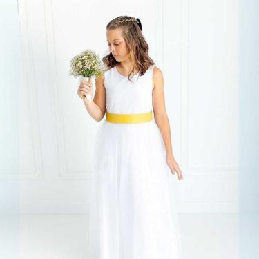 Imagem de Vestido Longo branco Faixa Lisa Amarelo Escuro Infantil com Saia Tule 