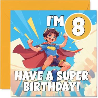 Imagem de Stuff4 Cartões de aniversário de 8 anos para meninos - Super-herói anime - Cartão de feliz aniversário para menino de 8 anos afilhado enteado filho irmão, cartões comemorativos de aniversário de 14 cm