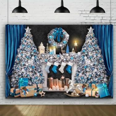 Imagem de Pano de fundo de Natal azul e prata para fotografia, guirlanda de árvore de Natal, lareira de inverno, fundo de festa de Natal, família, festa de aniversário, chá de bebê, decoração de festa infantil,