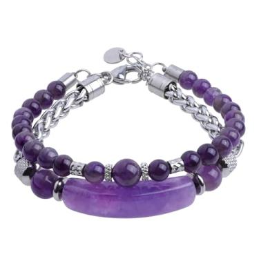 Imagem de Nupuyai Pulseira de cristal de camada dupla com tubo curvo e contas redondas de 6 mm em aço inoxidável, design unissex de comprimento ajustável com placa de gravação DIY, 8“, Pedra de cristal ametista