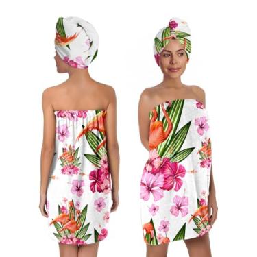 Imagem de Toalha de banho corporal com estampa de folhas de palmeira flamingo e toalha de cabelo para mulheres e meninas, conjunto de toalhas de banho macio e secagem de cabelo, secagem rápida, absorvente