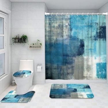Imagem de LOKMU Conjunto de 4 peças de cortina de chuveiro com tapetes antiderrapantes, tampa de vaso sanitário e tapete de banho, cortina de chuveiro à prova d'água com arte abstrata azul-petróleo e cinza com