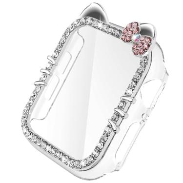 Imagem de Capa com desenho animado de gato para Apple Watch SE/séries 10/9/8/7/6/5/4 de 44 mm e 45 mm com protetor de tela de vidro temperado, capa protetora completa de diamante de cristal (prata, 44 mm)