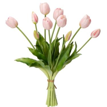 Imagem de Tulipas artificiais, flores de látex de toque real de 15,8 polegadas, buquê rosa e branco com 15 hastes para decoração de casa (10, rosa claro)