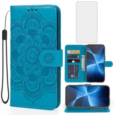 Imagem de Bohefo Capa para iPhone 17 Air/Capa carteira para Apple 17 Air com protetor de tela de vidro temperado, suporte para cartão de crédito de couro mandala para iPhone 17 Air Blue