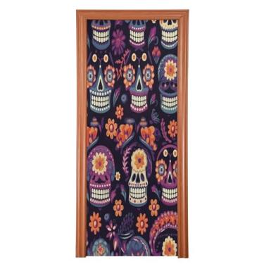 Imagem de Wassud Capa de porta de caveira de açúcar mexicana colorida decoração de porta de Halloween faixa interna externa decoração de casa grande decoração de porta da frente 81 x 200 cm