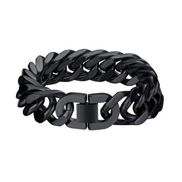Imagem de Pulseira masculina de corrente cubana resistente da ChainsPro, gravação em lata, 7/8/10/12/17 mm de largura, 18-23 cm, aço inoxidável 316L/tom dourado 18K/preto (caixa de presente enviada)
