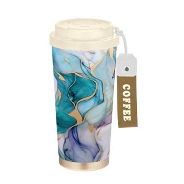 Imagem de YETTASBIN Caneca de café de mármore com isolamento térmico de 482 g com tampa canudo, copo à prova de derramamento e vazamento com alça para bebida quente e fria, garrafa de água de aço inoxidável