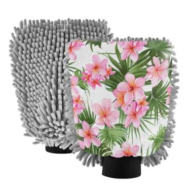 Imagem de STAYTOP Luvas de lavagem de carro com flores e folhas de palmeira verde, 2 peças, luvas de microfibra de chenille, sem arranhões, panos de esponja de lavagem ultra absorventes para carros, limpeza