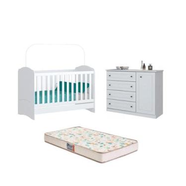 Imagem de Berço Bala de Menta e Cômoda Americano Branco e Colchão - FdECOR - Gaz