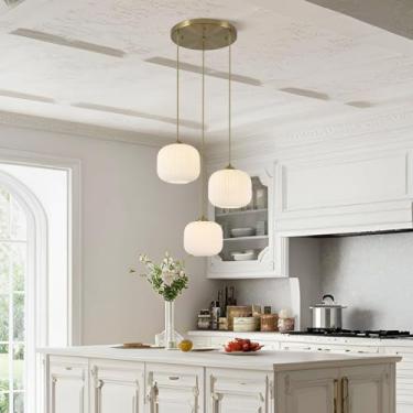 Imagem de Luminária pendente moderna com cúpula de vidro para sala de jantar, lustre de bolas branco leitoso com 3 lâmpadas, luminária pendente ajustável estilo celeiro, adequada para ilha de cozinha,