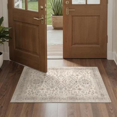 Imagem de Bavni Tapete de entrada lavável 5 x 7 cm, tapete antiderrapante para entrada ou cozinha, tapete interno ultrafino com estampa vintage, marrom acinzentado claro