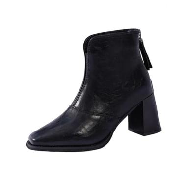 Imagem de Botas femininas de cano curto para uso casual no inverno bico fino sólido salto com zíper nas costas design de salto alto confortável para uso ao ar livre material PU, Preto, 34