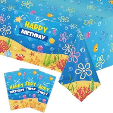Imagem de Avikosi Toalha de mesa de plástico com 3 peças de 137 x 277 cm para feliz aniversário – capa de mesa retangular descartável azul sob o mar para festas de aniversário infantis, tema de praia e
