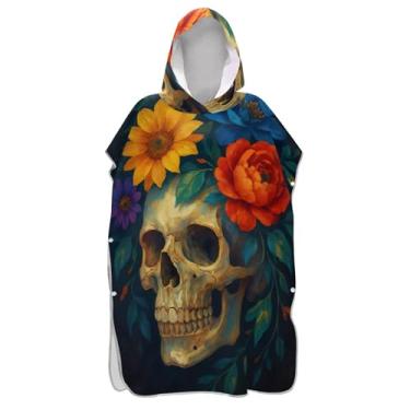 Imagem de Poncho de surfe para adultos trocador de roupa de praia com capuz toalha de banho de secagem rápida ponchos femininos com capuz crânio engraçado flores coloridas