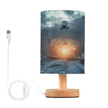 Imagem de Joisal Luminária lateral para cama de paisagem urbana apocalíptica de edifícios destruídos, mesa de luz com abajur de linho, lâmpadas pequenas decorativas