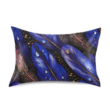Imagem de Almofadas padrão de penas em aquarela azul escuro King Queen fronhas de cetim para resfriamento de cabelo conforto presentes de cama king size 101,6 cm x 50,8 cm