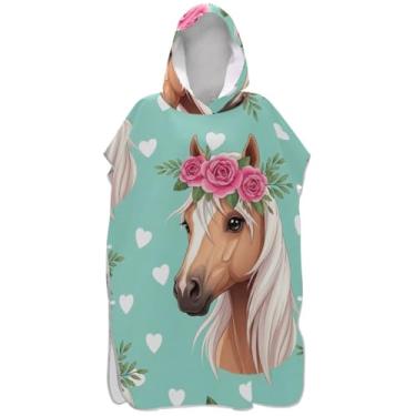 Imagem de Joisal Poncho de surf para adultos trocador de roupa de praia com capuz toalha de banho absorvente bonito cavalo floral verde ponchos femininos com capuz