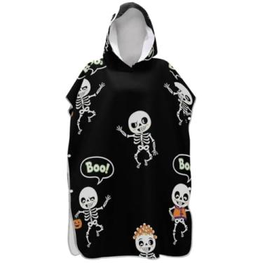 Imagem de Joisal Poncho de surf preto com esqueletos de desenho animado para trocador adulto toalha de banho com capuz bonito leve masculino feminino poncho com capuz