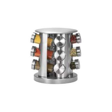 Imagem de Porta Condimentos Giratório com 12 Potes, Aço Inox e Vidro, 360º, 21x16cm, Transparente, Organizador de Temperos
