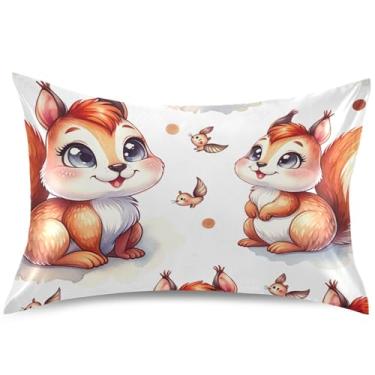 Imagem de Lindas capas de almofada de cetim com estampa de esquilo outono almofadas padrão queen king travesseiro macio para cama, tamanho padrão, 66 cm x 50 cm