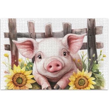 Imagem de Quebra-cabeça floral de porco fofo, 1000 peças para adultos, família, amantes, presentes, quebra-cabeças exclusivos, arte de pintura animal, 75 x 40 cm