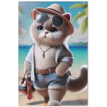 Imagem de Quebra-cabeças engraçados de gatinho britânico de pelo curto 500 peças para adultos presentes de elefante branco engraçado difícil quebra-cabeça paisagem floral, 51 x 35 cm