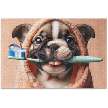 Imagem de Quebra-cabeça fofo buldogue cachorrinho 500 peças adultos jogo tecnologia presentes exclusivos quebra-cabeça paisagem floral, 20,5 x 14,9 polegadas