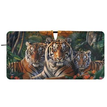 Imagem de Guarda-sol personalizado Family Tigers Animal Car Para-brisa Engraçado Dobrável Caminhão Carro Persianas para Janelas Frontais Automotivo, 81 cm x 157 cm