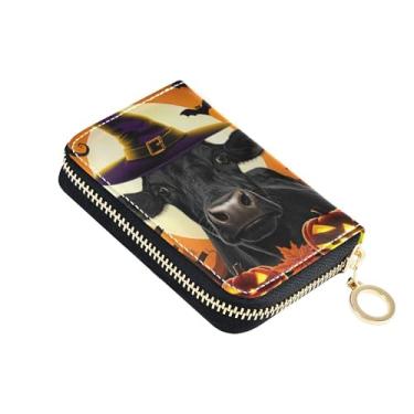 Imagem de Carteira feminina de vaca preta amarela de Halloween com zíper em torno de carteiras de cartão de crédito com bloqueio de RFID pequena bolsa de moedas com zíper com chaveiro